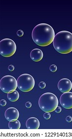 Foam bubbles with Rainbow Reflection. Set of Realistic Soap or Foam Bubbles for Your Design. Shampoo or Foam Cosmetic Flyer and Invite. Bubble with Hologram Reflection. Isolated Vector Illustration.