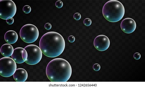 Foam bubbles with Rainbow Reflection. Set of Realistic Soap or Foam Bubbles for Your Design. Shampoo or Foam Cosmetic Flyer and Invite. Bubble with Hologram Reflection. Isolated Vector Illustration.