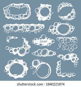 Espuma e bolhas de água com sabão, copiar banners de espaço. Produtos cosméticos borbulhantes, higiene ou limpeza. Lavagem ou espuma, conjunto isolado de mousse, quadrados e formas arredondadas, vetor em estilo plano