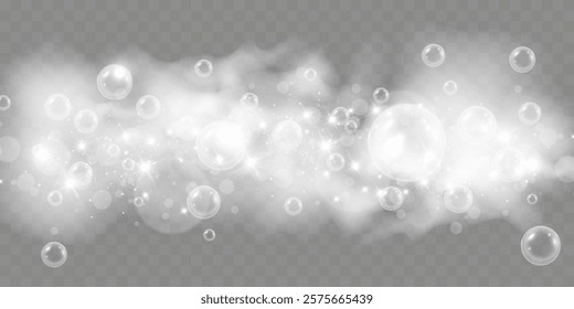 Foam bubbles sparkle glitter shine glow with foamy mist, sparkling stars, and shiny glow on a transparent checkered background.