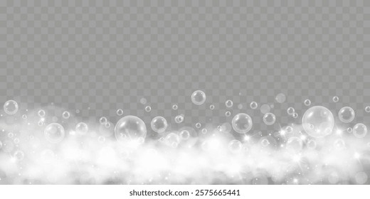 Foam bubbles sparkle glitter shine glow with foamy mist, sparkling stars, and shiny glow on a transparent checkered background.