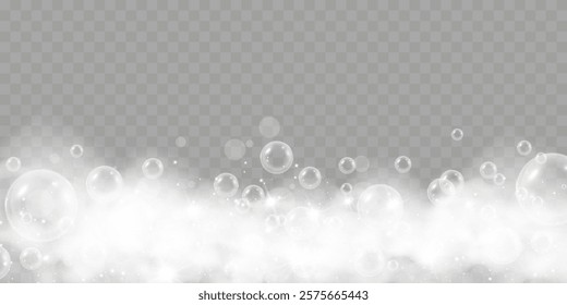 Foam bubbles sparkle glitter shine glow with foamy mist, sparkling stars, and shiny glow on a transparent checkered background.