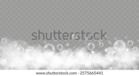Foam bubbles sparkle glitter shine glow with foamy mist, sparkling stars, and shiny glow on a transparent checkered background.