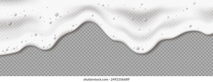 Foam cleaning detergent flow realistic vector illustration. Hygienic supplies. Wavy froth pouring 3d object on transparent background