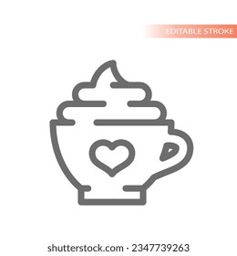 Foam coffee cup with heart line vector icon. Mocha mug outline.