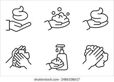 Schaum-Creme-auf-Hand-Linie-Icon-Set, einfache Hautreinigung Flaches Design-Vektorgrafik-Piktogramm, Vektorillustration auf weißem Hintergrund