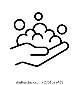 Foam cream and soap bubbles on hand line icon set, label, badge, logo, symbol, sign, black, line, vector, isolated illustration. Washing hands to keep clean icon set. Wash hands health care icons. 
