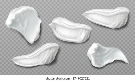 Foam Cream Swatches Isolated On Transparent Background. Vector Realistic Smears Set Of White Froth Cosmetics, Shaving Gel Or Creme. Smudges Of Mousse, Beauty Product For Face Or Body Care