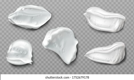 Bolas de crema de espuma aisladas en un fondo transparente. Vector de frotis realista conjunto de cosméticos de espuma blanca, gel de afeitar o crema. Mudanzas de mousse, producto de belleza para el cuidado de la cara o del cuerpo