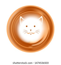 Foam drawing or picture coffee energetic drink creative presentation isolated vector icon cat image top view on americano with milk bar, or cafe hot beverage decor pet or domestic animals beans brewin