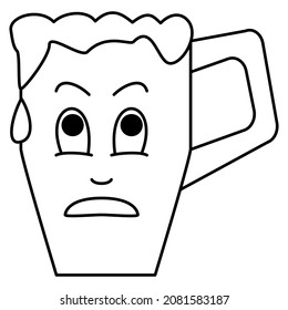 Foam drips from a large mug. A face with emotion. Vector icon, outline, isolated. Editable stroke.