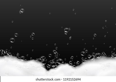 Foam effect isolated on black background. Soap, gel or shampoo bubbles overlay suds texture. Vector white shaving, mousse foam pattern. 