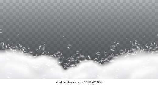 Foam effect isolated on transparent background. Soap, gel or shampoo bubbles overlay suds texture. Vector white shaving, mousse foam pattern. 