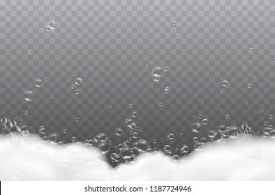 Foam effect isolated on transparent background. Soap, gel or shampoo bubbles overlay suds texture. Vector white shaving, mousse foam pattern. 