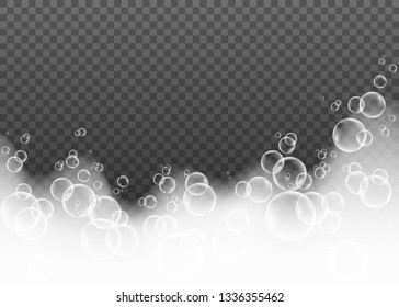 Foam effect  with soap bubbles isolated on transparent background. Vector suds texture.