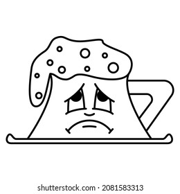 The foam escaped from the cup. A mug for drinks on a saucer. A face with emotion. Vector icon, outline, isolated. Editable stroke.