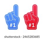 Foam fan finger hand with number one. Fan gloves with thumbs up, team support. Number one fan glove, sign of support for sports concept. Vector illustration