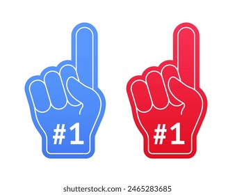 Foam fan finger hand with number one. Fan gloves with thumbs up, team support. Number one fan glove, sign of support for sports concept. Vector illustration