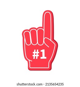 Foam finger. 1 number on foam finger. Hand of fan. Hand in glove with one number and finger. Icon for fan, sport, cheer, best and team. Support symbol. Isolated logo. Vector.