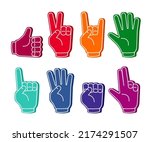 Foam finger. Athletics sport fan cheer tools, fans team accessories. Number one sport hands, football cheerleaders elements. Support soccer recent vector set