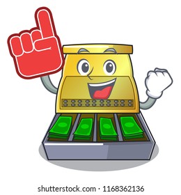 Foam finger cartoon cash register with a money drawer