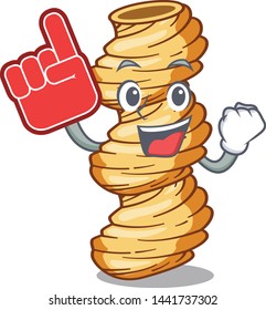 Foam finger cellentani pasta in a cartoon bowl