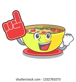 Foam finger corn chowder in a cartoon plate