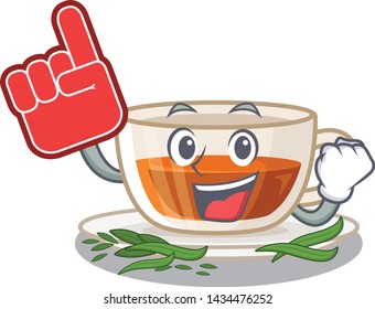 Foam finger darjeeling tea above wooden cartoon table