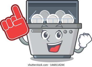 Foam finger dishwasher machine next to cartoon stove