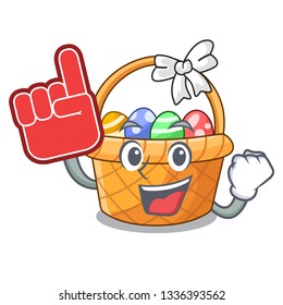 Foam finger easter basket above wooden cartoon table
