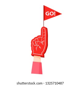 Foam finger with flag, vector flat cartoon illustration isolated on white background, foam finger on human hand