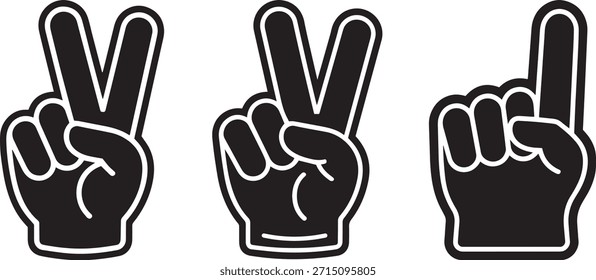 Conjunto de gestos de mano de dedo de espuma. Signo de victoria y número uno conjunto de iconos. Tres manos estilizadas o dedos de espuma. Dos mostrando la V clásica para el signo de la victoria y uno mostrando el gesto del dedo índice.
