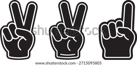 Foam Finger Hand Gestures Set. Victory Sign and Number One Icon Set. Three Stylized Hands or Foam Fingers. Two Displaying the Classic V for Victory sign and One Showing the Index Finger Gesture.