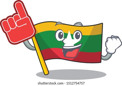 Foam finger Myanmar waving flag hoisted on pole, cartoon character.