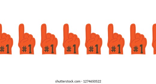 Foam Finger With Number One Text Seamless Vector Border.Supporting A Sport Team Symbol. For Sport Events, Football, Soccer, Baseball, Super Bowl, Tailgate Party, Invitation, Flyer