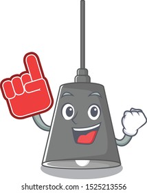 Foam finger pendant lamp above mascot wood table