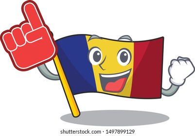 Foam finger romanian flag hoisted on character pole