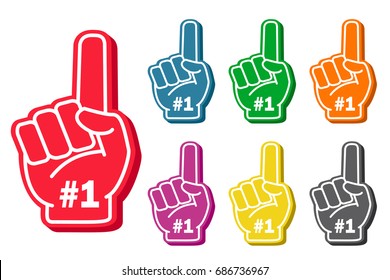 Foam finger set. Sports paraphernalia fun item in bright colors, competition support symbol. Vector flat style illustration isolated on white background