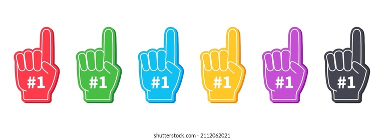 Foam fingers. 1 number on foam fingers. Hand glove with one number on finger. Icon for fan, sport, cheer, best and team. Support symbol. Isolated logo. Vector.