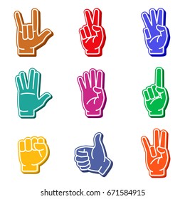 Foam Fingers Colorful Icon Set. Fan Hand, Sports Paraphernalia Item, Cheer On Your Sports Team. Vector Flat Style Illustration Isolated On White Background