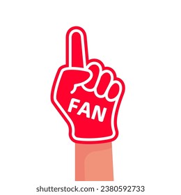 Foam fingers FAN. Number one, fan hand glove with red finger raised. Foam hand. Sport supporting. Hand up with word Go. Vector illustration flat design. Isolated on a white background.