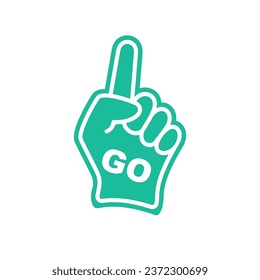 Foam fingers Go. Number one, fan hand glove with green finger raised. Foam hand. Sport supporting. Hand up with word Go. Vector illustration flat design. Isolated on a white background.