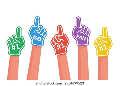 Foam fingers of a group of fans. Number one, fan and a call to go. Fan hand glove with red finger raised. Foam hand. Sport supporting. Vector illustration flat design. Isolated on a white background.