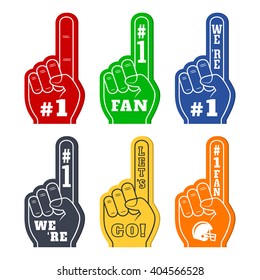 Foam Fingers Icons In Six Colors. We're #1. Lets' Go. Number One Fan
