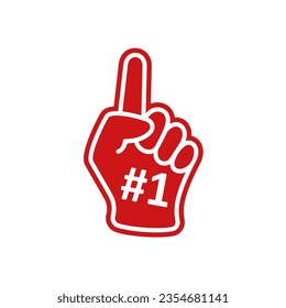 Foam fingers. Number one, fan hand glove with red finger raised. Foam hand. Sport supporting. Hand up with number 1. Vector illustration flat design. Isolated on a white background.