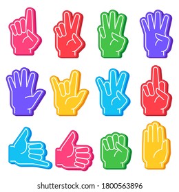 Foam fingers. Sports fan hand with different gesture. Numbers, ok sign and fist, open palm. Stadium team support victory souvenir vector set. Cheering favorite sport team, thumb up and rude sign