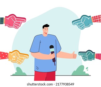 Foam Fingers Of Sports Fans Pointing At Journalist. Commentator With Microphone Showing Thumbs Up Flat Vector Illustration. Sports, Television, Journalism Concept For Banner Or Landing Web Page