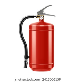 Extinguidor de fuego de espuma aislado en fondo blanco. Equipo portátil de extinción de incendios del departamento de bomberos. Herramienta o instrumento profesional. Ilustración vectorial 3D realista