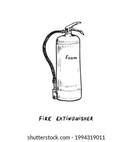 Foam fire extinguisher type,  ink drawing illustration isolated on white wih handdwritten inscription