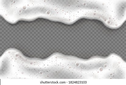Foam frame, white beer or soap froth horizontal border with bubbles texture, foamy sea or ocean wave, laundry cleaning detergent spume isolated on transparent background, realistic 3d vector mockup